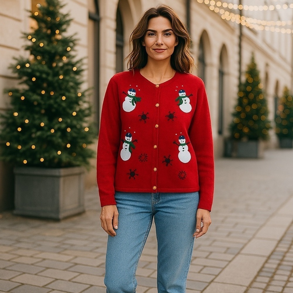 Vintage Holiday Cardigan Ugly Christmas Sweater Button Up Womens Petite Large - Picture 16 of 16